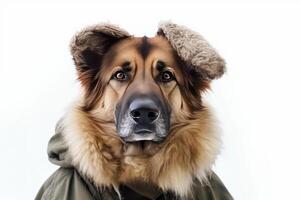 Cute dog German shepherd with soldier costume for military army isolated on white background, funny moment, pet concept, with . photo