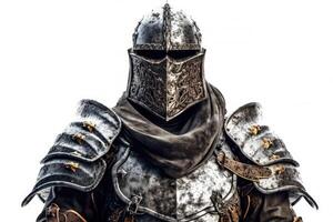 Portrait of medieval Scandinavian or Viking warrior with armor and helmet costume isolated on white background, epic fantasy world, with . photo