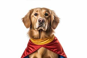 Cute dog Golden retriever with super hero costume help people and perform a mission isolated on white background, funny moment, pet concept, with Generative Ai. photo