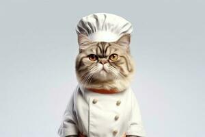 Cute fluffy kitty Cat Chef with costume ready to cooking for dinner isolated on white background, funny moment, pet concept, with . photo