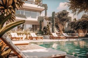 Modern and luxury Hotel lounge building architecture design concept, summer villa house residence and private with swimming pool and sea view, resort with space for sunbathing, with . photo