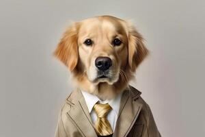 Cute dog Golden retriever with office business suit costume for apply the job isolated on white background, funny moment, pet concept, with . photo