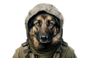 Cute dog German shepherd with soldier costume for military army isolated on white background, funny moment, pet concept, with Generative Ai. photo
