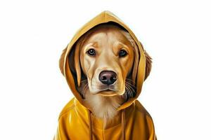 linda perro dorado perdiguero con súper héroe disfraz ayuda personas y realizar un misión aislado en blanco fondo, gracioso momento, mascota concepto, con generativo ai. foto