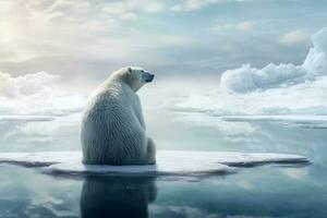 White polar bear sitting on melting ice floe glacier at arctic sea that facing to Global Warming situation, save the world form pollution concept, climate change, with Generative Ai. photo