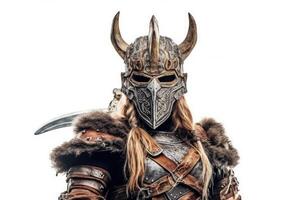 Portrait of medieval Scandinavian or Viking warrior with armor and helmet costume isolated on white background, epic fantasy world, with . photo