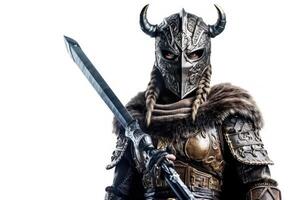 Portrait of medieval Scandinavian or Viking warrior with armor and helmet costume isolated on white background, epic fantasy world, with . photo