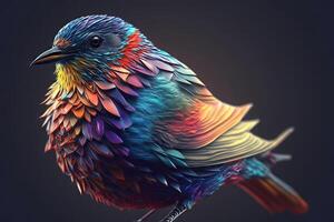 resumen animal pequeño pájaro retrato con multi de colores vistoso en alas y plumas pintar, vibrante brillante gradientes tono, con generativo ai. foto