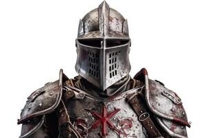 Portrait of medieval Scandinavian or Viking warrior with armor and helmet costume isolated on white background, epic fantasy world, with . photo