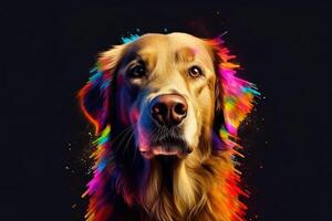 resumen de mascota linda perro dorado perdiguero retrato con multi de colores vistoso en piel cuerpo y pelos pintar, vibrante brillante gradientes fondo, con generativo ai. foto