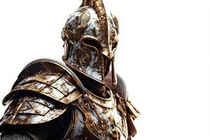 Portrait of medieval Scandinavian or Viking warrior with armor and helmet costume isolated on white background, epic fantasy world, with . photo