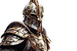 Portrait of medieval Scandinavian or Viking warrior with armor and helmet costume isolated on white background, epic fantasy world, with Generative Ai. photo