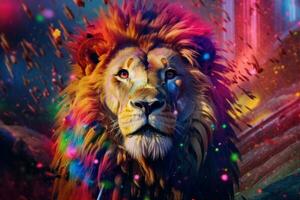 Abstract animal king of Lion portrait with multi colored colorful on skin body and hairs paint, Vibrant bright gradients background, with Generative AI. photo