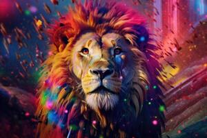 Abstract animal king of Lion portrait with multi colored colorful on skin body and hairs paint, Vibrant bright gradients background, with . photo