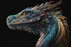 Abstract animal Ancient Dragon portrait with multi colored colorful on scales, skin body and hairs paint, Vibrant bright gradients background, with . photo