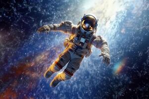 Astronaut floating on the space with universe galaxy stars background, to the moon, explore the universe, science astronomy concept, cosmic fiction, with Generative Ai. photo