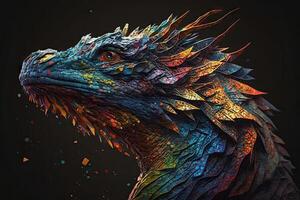 Abstract animal Ancient Dragon portrait with multi colored colorful on scales, skin body and hairs paint, Vibrant bright gradients background, with Generative AI. photo