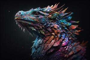 Abstract animal Ancient Dragon portrait with multi colored colorful on scales, skin body and hairs paint, Vibrant bright gradients background, with . photo