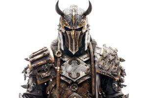 Portrait of medieval Scandinavian or Viking warrior with armor and helmet costume isolated on white background, epic fantasy world, with . photo