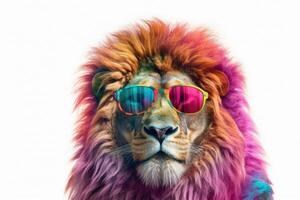 Abstract animal king of Lion portrait with colorful Afro hairs wearing sunglasses in Hawaii dress theme isolated on white background, Vibrant bright, with . photo