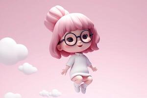 Cute kawaii portrait young or little girl wearing glasses and casual dress that jumping on the air with smile and happiness, floating in colorful background, minimal style, with Generative Ai. photo