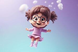 Cute kawaii portrait young or little girl wearing glasses and casual dress that jumping on the air with smile and happiness, floating in colorful background, minimal style, with Generative Ai. photo