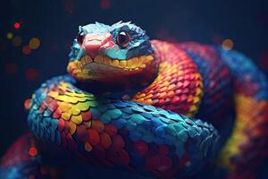 Abstract animal Viper snake portrait with colorful paint on skin and scales, Bright color, gradient background, with . photo