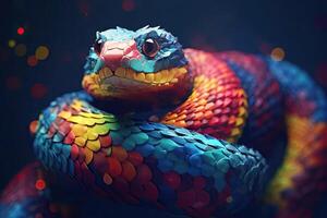 Abstract animal Viper snake portrait with colorful paint on skin and scales, Bright color, gradient background, with Generative AI. photo