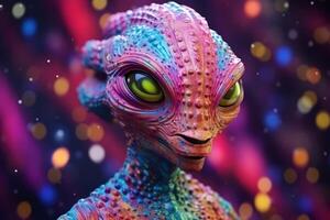 Abstract animal Alien creature portrait with multi colored colorful on skin body and hairs paint, Vibrant bright gradients background, with Generative AI. photo