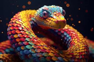 resumen animal víbora serpiente retrato con vistoso pintar en piel y escamas, brillante color, degradado fondo, con generativo ai. foto