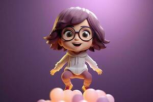 Cute kawaii portrait young or little girl wearing glasses and casual dress that jumping on the air with smile and happiness, floating in colorful background, minimal style, with Generative Ai. photo
