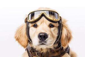 Cute dog Golden retriever with captain pilot costume for flying with airplane isolated on white background, funny moment, pet concept, with . photo
