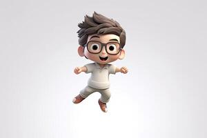 Cute kawaii portrait young or little boy wearing glasses and casual dress that jumping on the air with smile and happiness, floating in colorful background, minimal style, with Generative Ai. photo