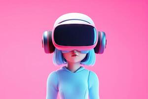 linda kawaii retrato joven o pequeño niña vistiendo virtual realidad lentes y auriculares y jugando vídeo juego en el virtual mundo, juego de azar concepto fondo, con generativo ai. foto