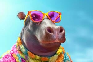 Abstract animal Hippopotamus portrait with colorful Afro hairs wearing sunglasses in Hawaii dress theme, Vibrant bright gradients background, with Generative AI. photo