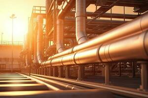 Industry pipeline rack for transport crude oil petrochemical with sunset sky background, gas and oil process of running by pipe tubes in factory, perspective view, with Generative AI. photo