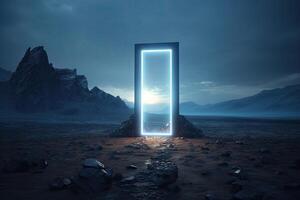 Abstract portal stone gate with neon glowing light in the dark space landscape of cosmic, rocky mountain stone field, spectrum light effect, with . photo