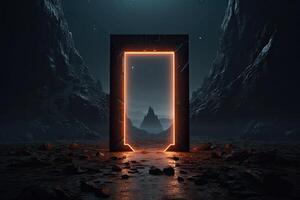 Abstract portal stone gate with neon glowing light in the dark space landscape of cosmic, rocky mountain stone field, spectrum light effect, with . photo