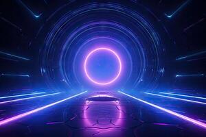 Abstract portal stone gate with neon glowing light in the dark space landscape of cosmic, rocky mountain stone field, spectrum light effect, with . photo