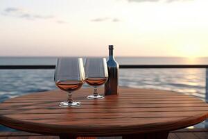 Close up of couple wine champagne glasses and bottle for celebration on wooden table with sea view and sunset sky background, chilling day, romantic dating, with Generative Ai. photo