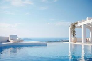 White Mediterranean Modern and luxury Hotel lounge building architecture design concept, summer villa house residence and private with swimming pool and sea view, resort, with . photo
