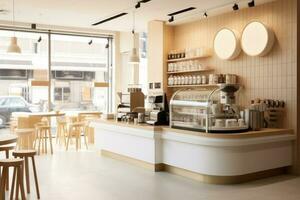 mínimo interior diseño café café bar tienda con beige acogedor tono estilo y con lustroso Marfil blanco redondo esquina encimera, café maquinaria, con generativo ai. foto
