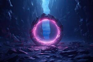 Abstract portal stone gate with neon glowing light in the dark space landscape of cosmic, rocky mountain stone field, spectrum light effect, with . photo