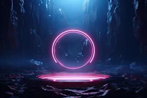 Abstract portal stone gate with neon glowing light in the dark space landscape of cosmic, rocky mountain stone field, spectrum light effect, with . photo