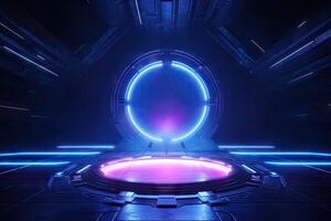 Abstract portal stone gate with neon glowing light in the dark space landscape of cosmic, rocky mountain stone field, spectrum light effect, with . photo