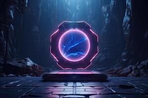 Abstract portal stone gate with neon glowing light in the dark space landscape of cosmic, rocky mountain stone field, spectrum light effect, with . photo