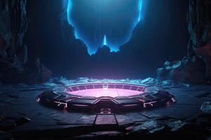 Abstract portal stone gate with neon glowing light in the dark space landscape of cosmic, rocky mountain stone field, spectrum light effect, with . photo