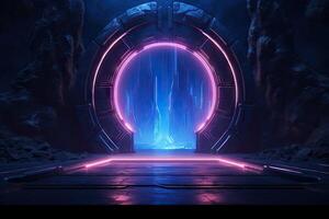 Abstract portal stone gate with neon glowing light in the dark space landscape of cosmic, rocky mountain stone field, spectrum light effect, with . photo
