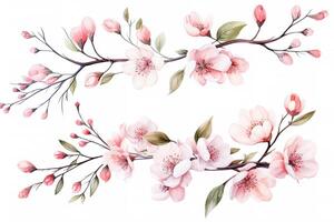 Watercolor of Tropical spring floral green leaves and flowers elements isolated on white background, bouquets greeting or wedding card decoration, with Generative Ai. photo