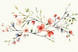 Watercolor of Tropical spring floral green leaves and flowers elements isolated on white background, bouquets greeting or wedding card decoration, with Generative Ai. photo